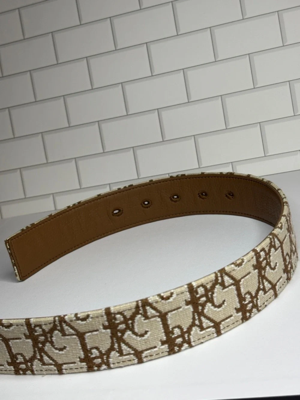 Dior x Travis Scott Beige and Brown Monogram Canvas Belt with Logo Buckle